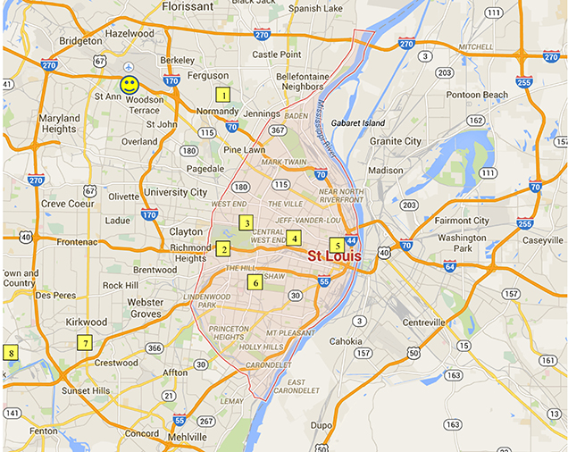 Map of Site Visits in St. Louis for Noyce Conference
